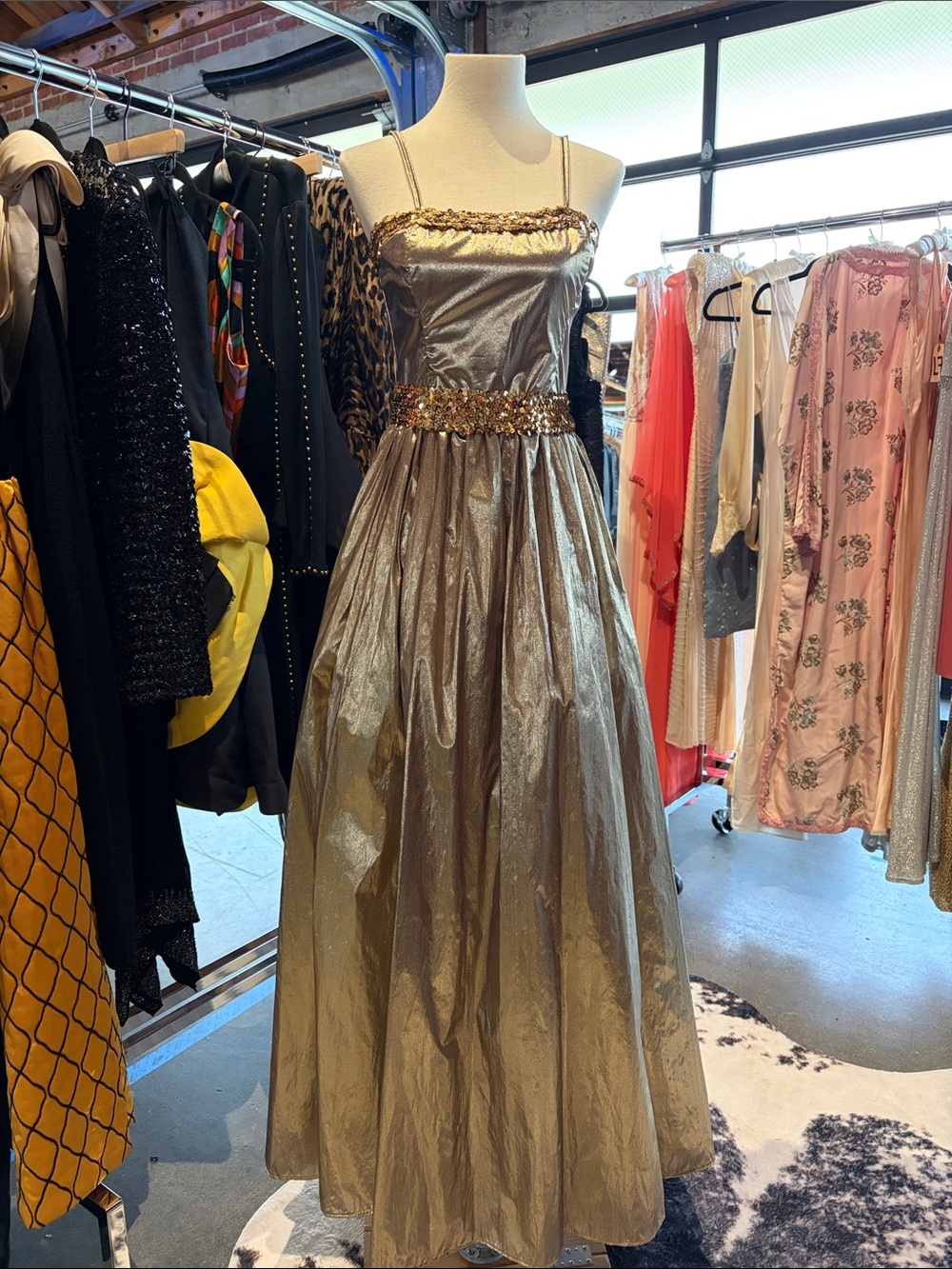 Metallic Gold Evening Gown with Embellished Waist